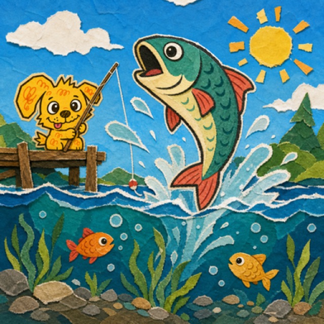 釣魚單字的遊戲畫面：紙藝風格的湖畔釣場